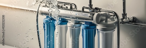 Detailed view of a reverse osmosis system purifying water. Perfect for depicting water treatment and advanced purification