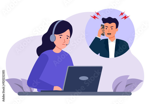 Customer complaint via call center service in flat design. Angry customer on phone.