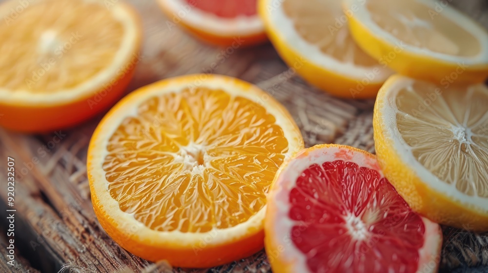 Freshly sliced citrus fruits: orange, lemon, grapefruit, on a rustic wooden surface. Freshly sliced citrus fruits: orange, lemon, grapefruit, on a rustic wooden surface.