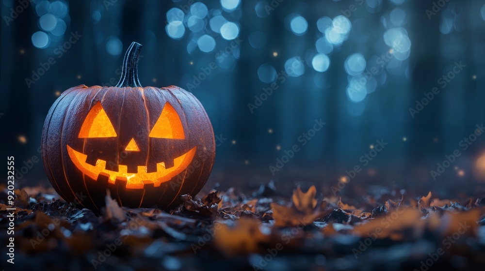 A glowing jack-o'-lantern in a misty forest during Halloween, surrounded by colorful autumn leaves. A glowing jack-o'-lantern in a misty forest during Halloween, surrounded by colorful autumn leaves.