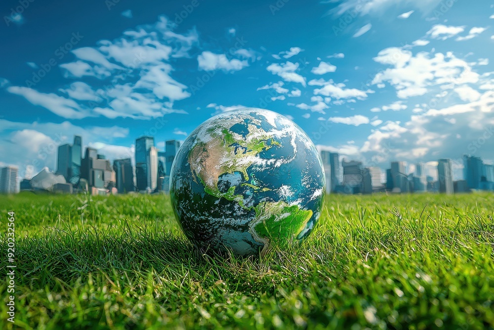 A vivid globe placed on green grass, with a backdrop of urban skyline and clear blue sky, symbolizing a harmonious planet. A vivid globe placed on green grass, with a backdrop of urban skyline and clear blue sky, symbolizing a harmonious planet.