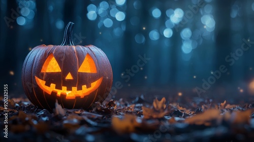 Wallpaper Mural A glowing jack-o'-lantern in a misty forest during Halloween, surrounded by colorful autumn leaves. Torontodigital.ca