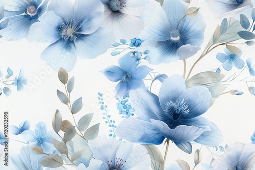 Dreamy Pastel Blue and White Watercolor Floral Bouquet on Isolated Background