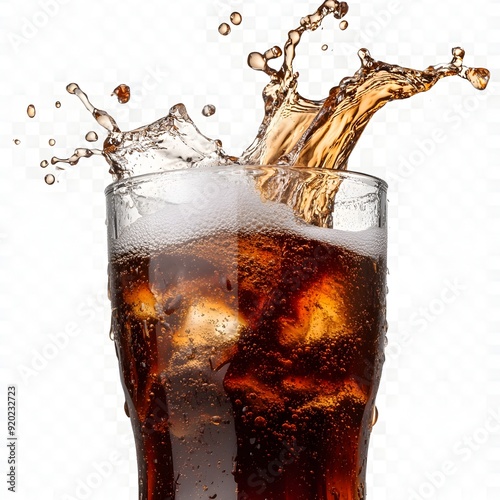 Splashing soda liquid with ice cubes against transparent background  dynamic and energetic refreshment concept