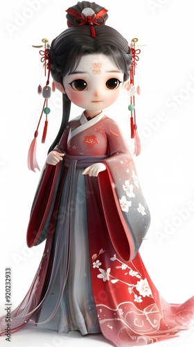 Adorable 3D game character of a beautiful woman in traditional Hanfu, featuring her Asian heritage against a white background. This charming design embodies the spirit of cultural richness, making it 