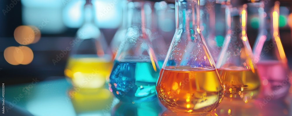 Colorful laboratory flasks filled with vibrant liquids, showcasing ...