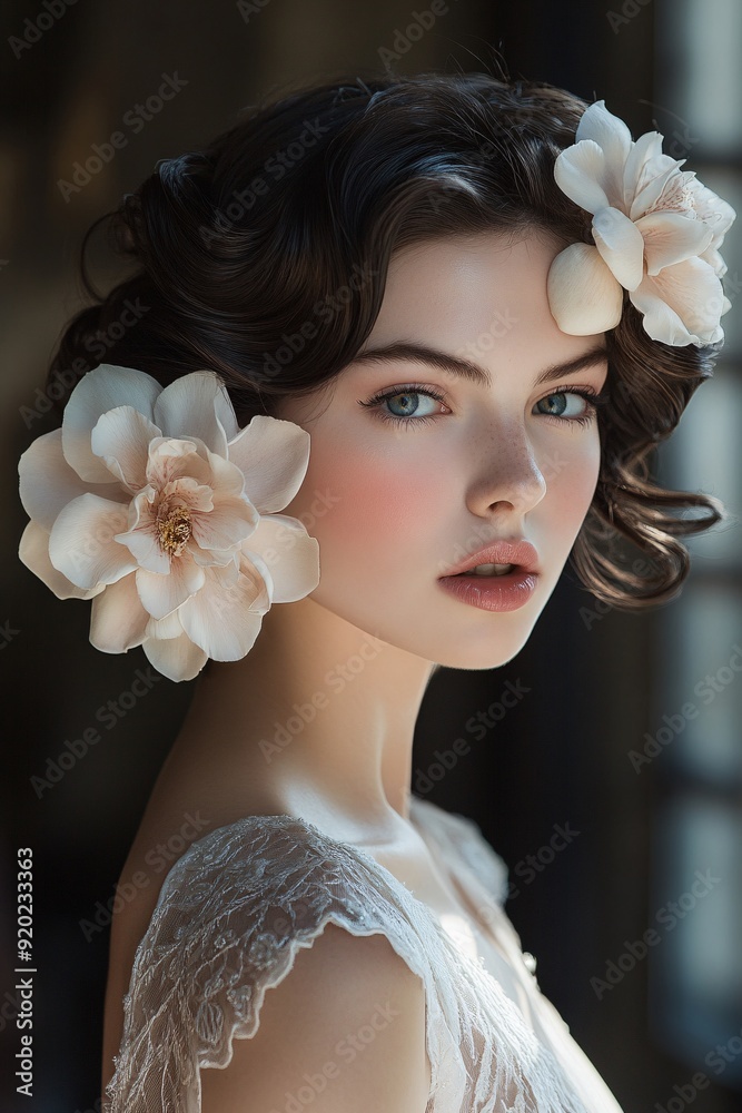 Naklejka premium Elegant Vintage Hairstyle with Floral Accent
