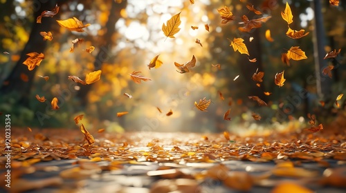 golden autumn leaf gracefully floating amidst a flurry of falling leaves