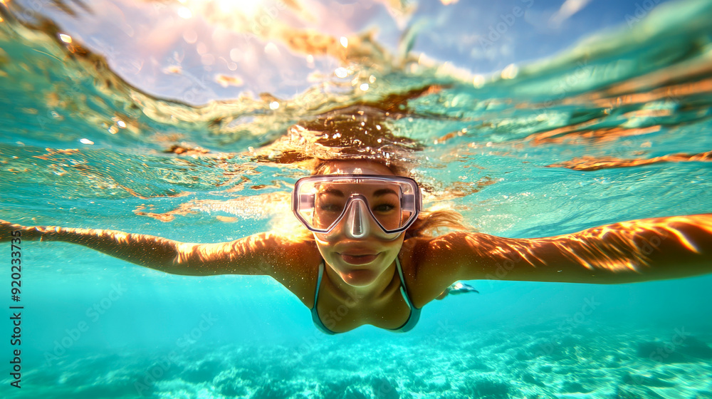 Fototapeta premium Underwater Paradise Found: Woman Explores Vibrant Coral Reef 