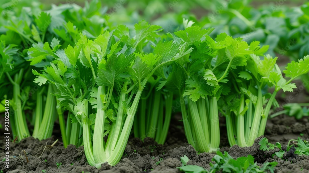 Fototapeta premium celery plants that planted on the plantation and it looks like it will be harvested soon, the leaves are green and look fresh - organic vegetable plantation,