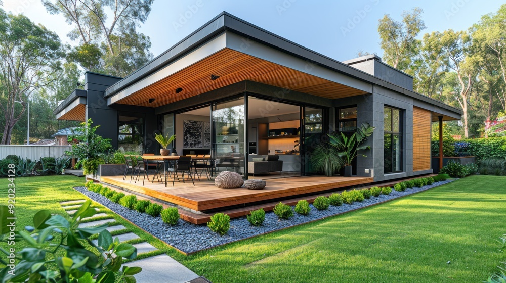 Modern House with Wooden Deck and Green Lawn Modern House with Wooden Deck and Green Lawn
