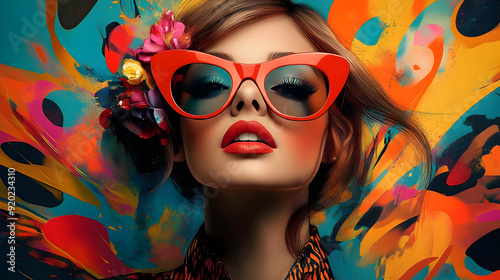 A vibrant portrait of a fashionable woman with bold sunglasses and colorful background.