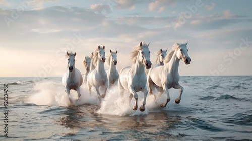 Majestic White Horses Galloping Across Stunning Sunset Beach Scenery