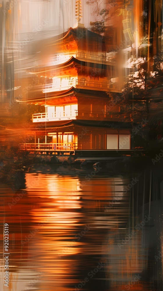 Obraz premium temple on the river traditional landscape illustration background poster decorative painting