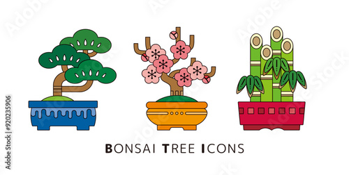 レトロな日本の盆栽のイラストセット。松竹梅の盆栽のイラスト一式。