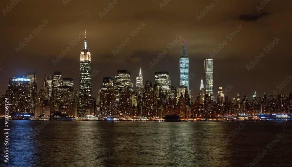 Fototapeta premium Lower Manhattan skyline during the blue hour with Hudson River in the foreground 10