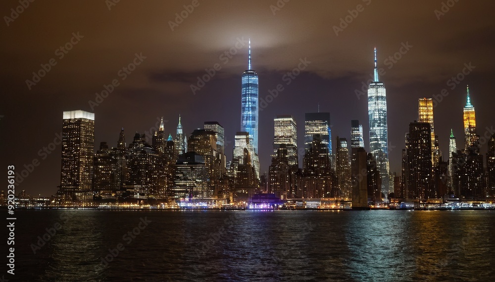 Fototapeta premium Lower Manhattan skyline during the blue hour with Hudson River in the foreground 4