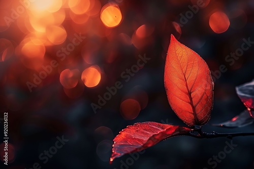 A red leaf in the foreground, bathed in warm sunlight photo