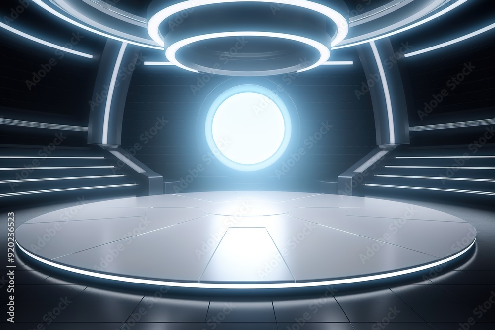 Futuristic Sci-Fi Interior with Illuminated Circular Platform. Futuristic Sci-Fi Interior with Illuminated Circular Platform.