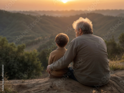 family memory concept. time - death - life, happy father - son - grandfather sitting  together watching sunset. winery landscape hill.  photo