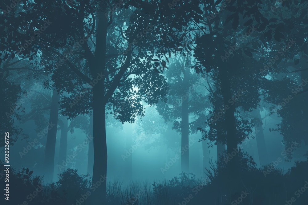 A calm forest with tall, dark trees and a soft, misty atmosphere. Cozy vibe, Generative AI A calm forest with tall, dark trees and a soft, misty atmosphere. Cozy vibe, Generative AI