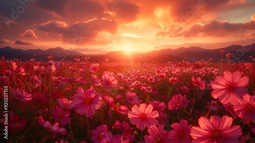 Sunset Over a Field of Cosmos Flowers