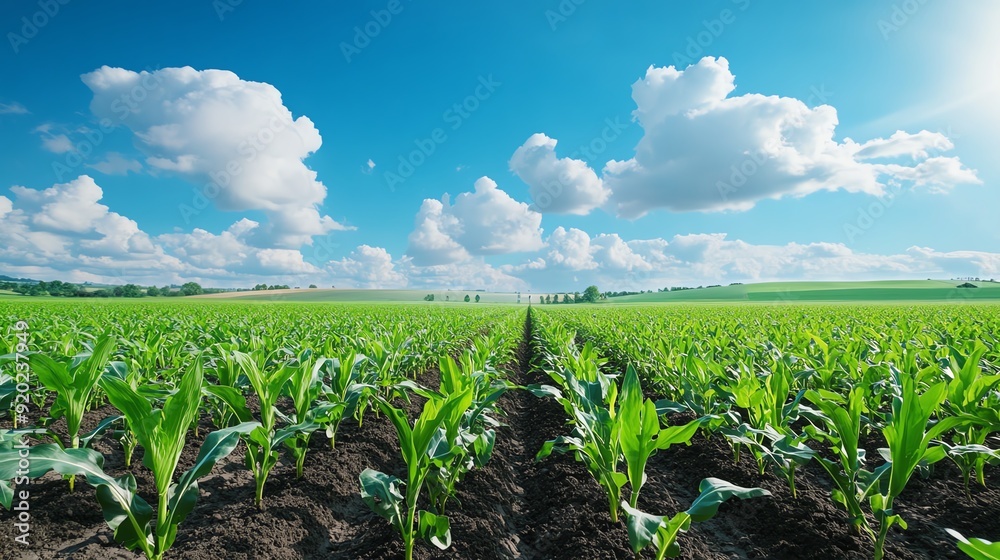 Vibrant green cornfield under a bright blue sky with fluffy clouds, showcasing the beauty of agricultural landscapes. Vibrant green cornfield under a bright blue sky with fluffy clouds, showcasing the beauty of agricultural landscapes.