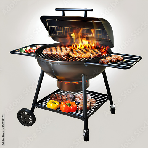 A charcoal grill with lit coals and grilled food on the grate, set up in a room with on white background 