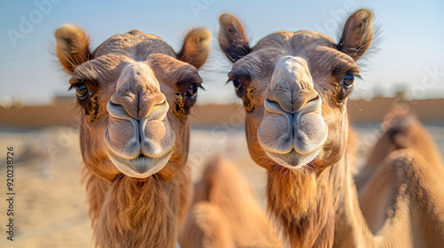 A extreme close-up photo of two camels looking at the camera 