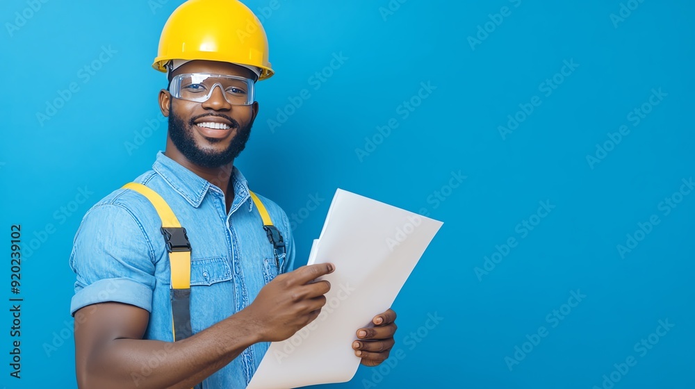 Smiling construction worker in a yellow helmet holding blueprints, showcasing confidence and professionalism.