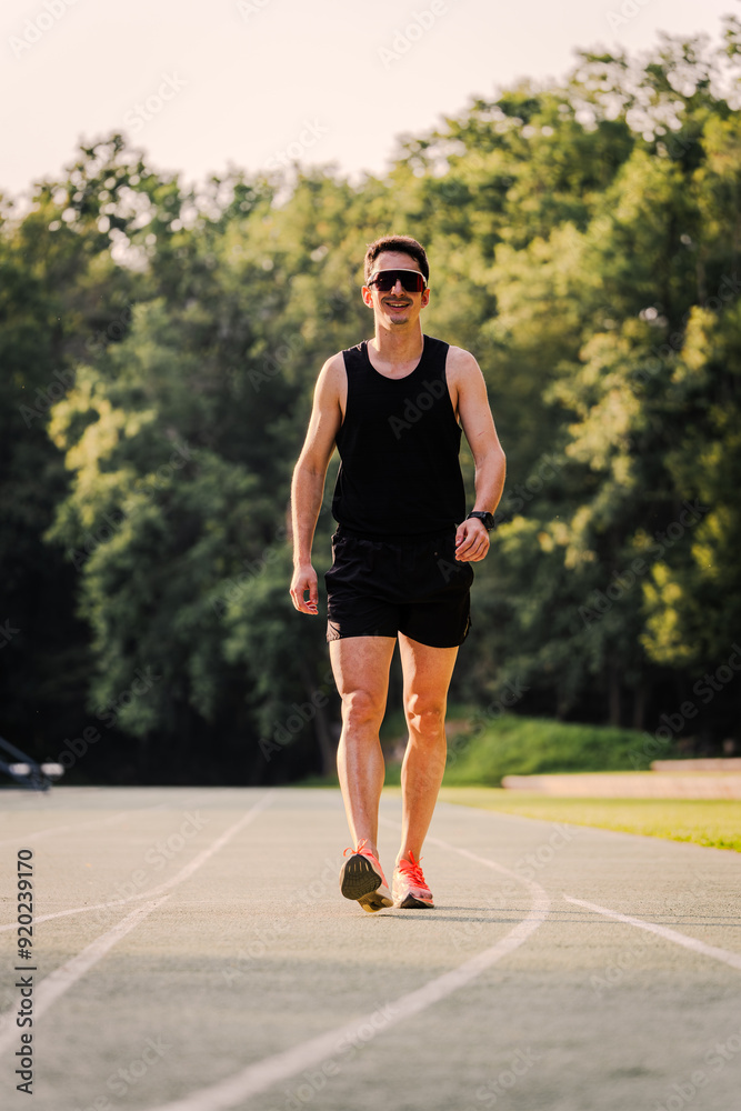 Professional athlete in training clothes smiling while walking on the track Professional athlete in training clothes smiling while walking on the track