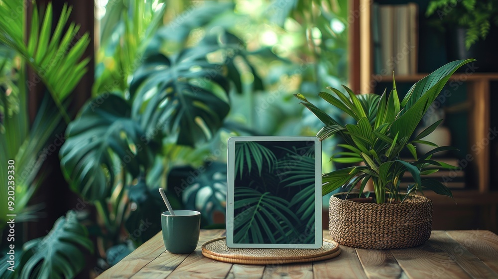 Tablet on Wooden Table Surrounded by Lush Greenery Tablet on Wooden Table Surrounded by Lush Greenery