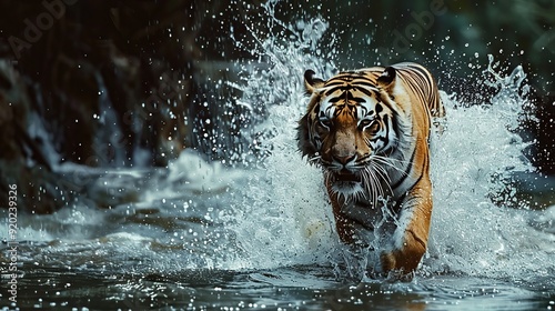 Fototapeta Naklejka Na Ścianę i Meble -  A majestic tiger walking through the jungle waters with splashes of nature's beauty and untamed wilderness. copy space for text.