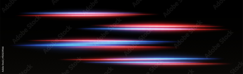 Speed lines light effect, glowing magic rays, abstract neon lines. Police or car lights in motion concept. Vector illustration.
