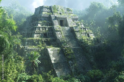 Detailed depiction of an ancient Mayan temple surrounded by lush jungle. photo