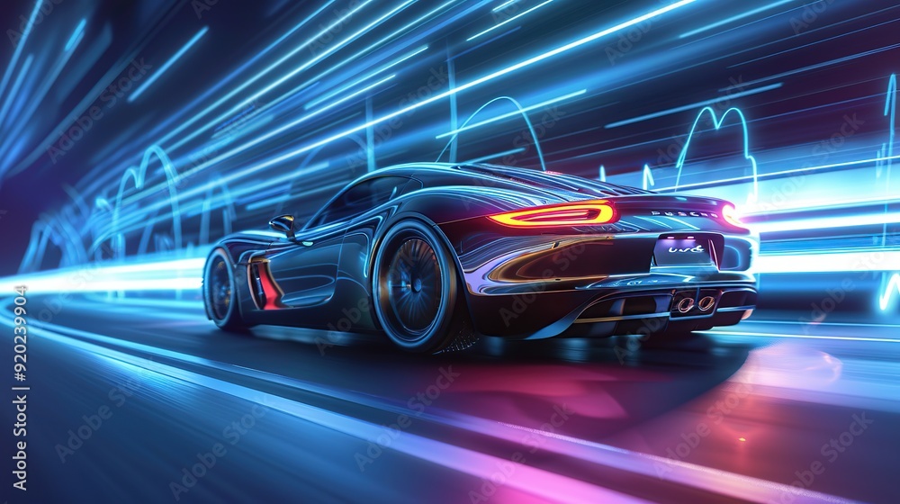 Automobile vehicle futuristic auto technology drive transportation electricity concept light speed automotive road background. copy space for text. Automobile vehicle futuristic auto technology drive transportation electricity concept light speed automotive road background. copy space for text.