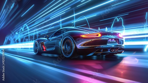 Automobile vehicle futuristic auto technology drive transportation electricity concept light speed automotive road background. copy space for text.