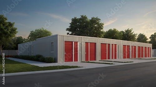 Image depicts a row of modern storage units with a symmetrical layout (12)