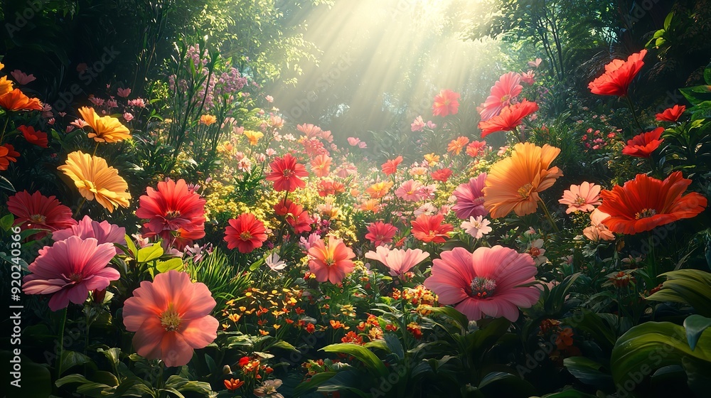 Sunlit path through a flower-filled garden Sunlit path through a flower-filled garden