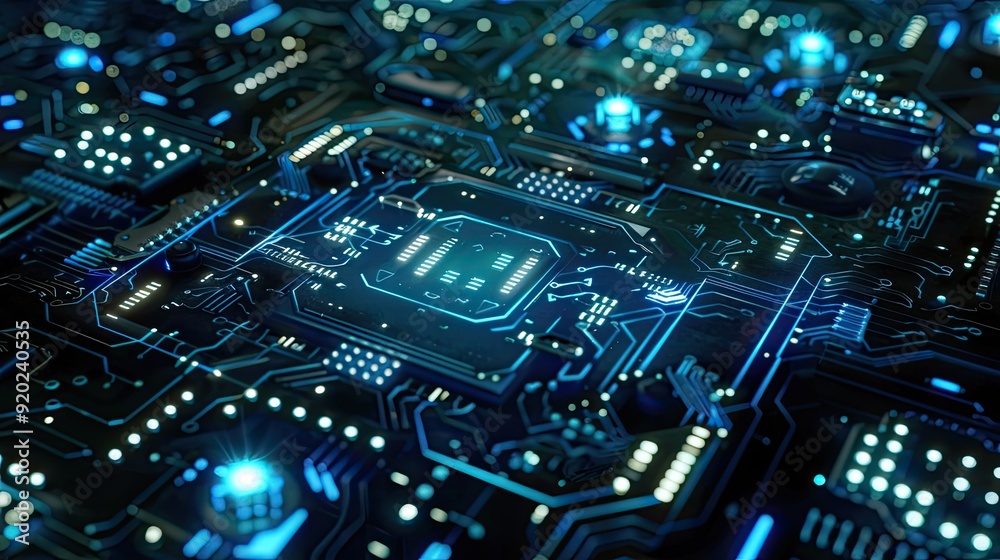 Futuristic Circuit Board with Glowing Blue Lines Futuristic Circuit Board with Glowing Blue Lines