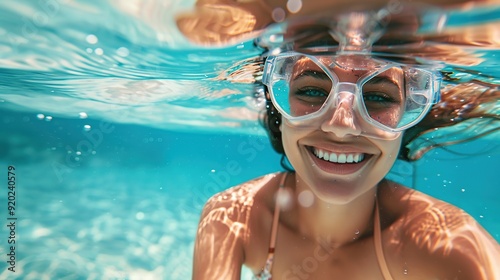 Happy young woman swimming underwater in the tropical ocean. copy space for text.