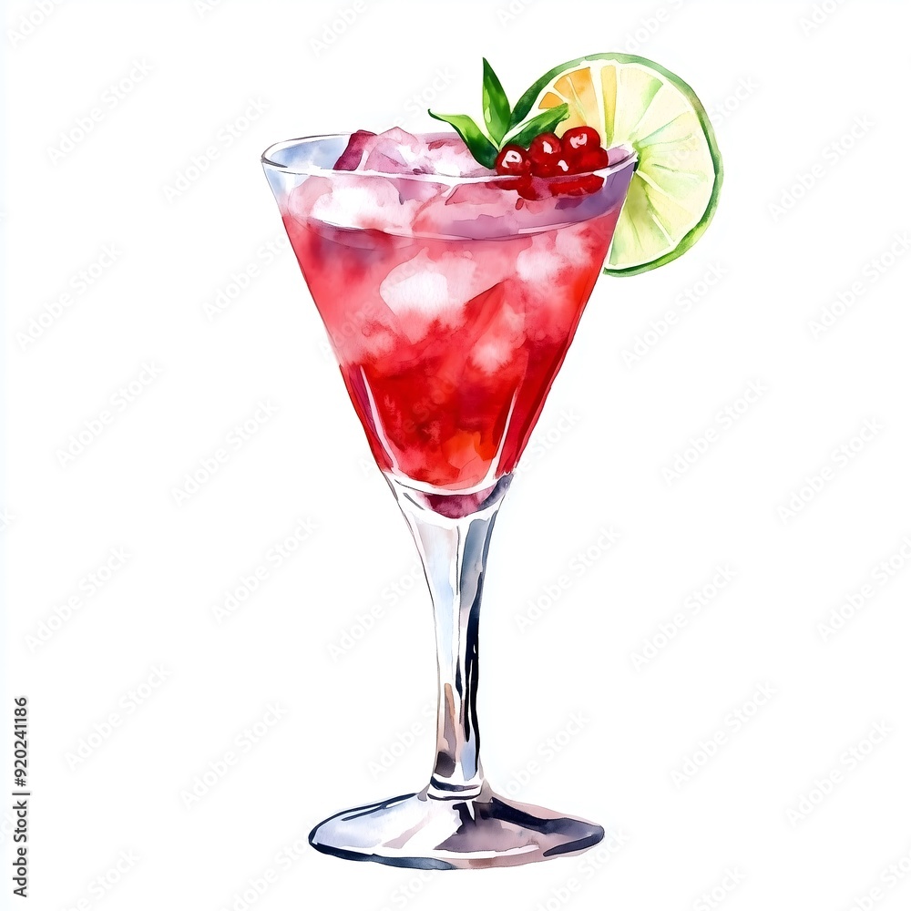 Cocktail watercolor painting, red alcoholic beverage hand-painted illustration. Isolated on white background. Suitable for drink, menu, banner for advert Cocktail watercolor painting, red alcoholic beverage hand-painted illustration. Isolated on white background. Suitable for drink, menu, banner for advert