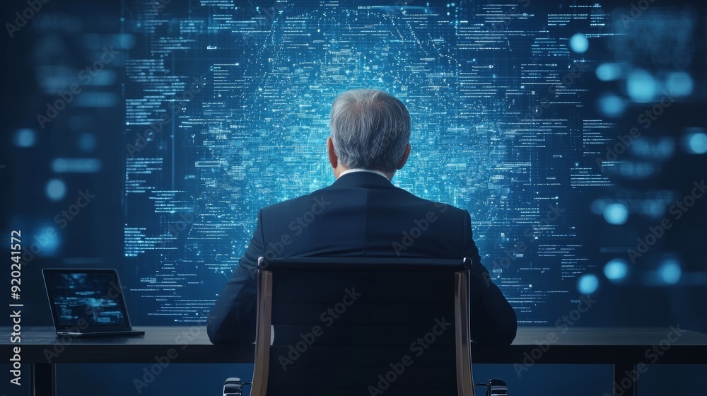 A professional man analyzes complex data in front of a digital screen, showcasing the power of technology in business. A professional man analyzes complex data in front of a digital screen, showcasing the power of technology in business.