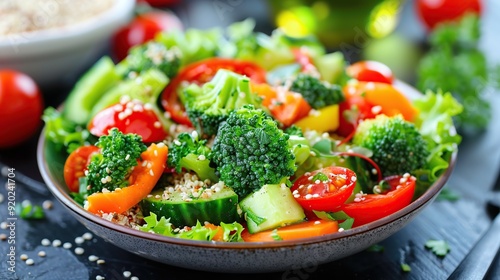 Salad food dinner lunch healthy dieting vegetarian vegetable meal fresh green eating vegan organic detox appetizer quinoa breakfast bowl plate broccoli background.