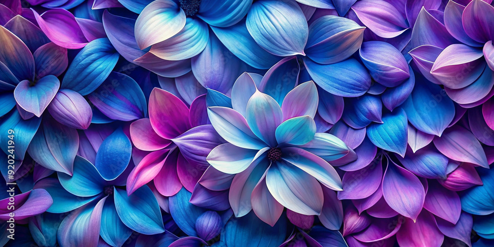 A vibrant abstract background composed of blue and purple flower petals, layered to create a mesmerizing pattern. The image evokes beauty, nature, and floral art A vibrant abstract background composed of blue and purple flower petals, layered to create a mesmerizing pattern. The image evokes beauty, nature, and floral art