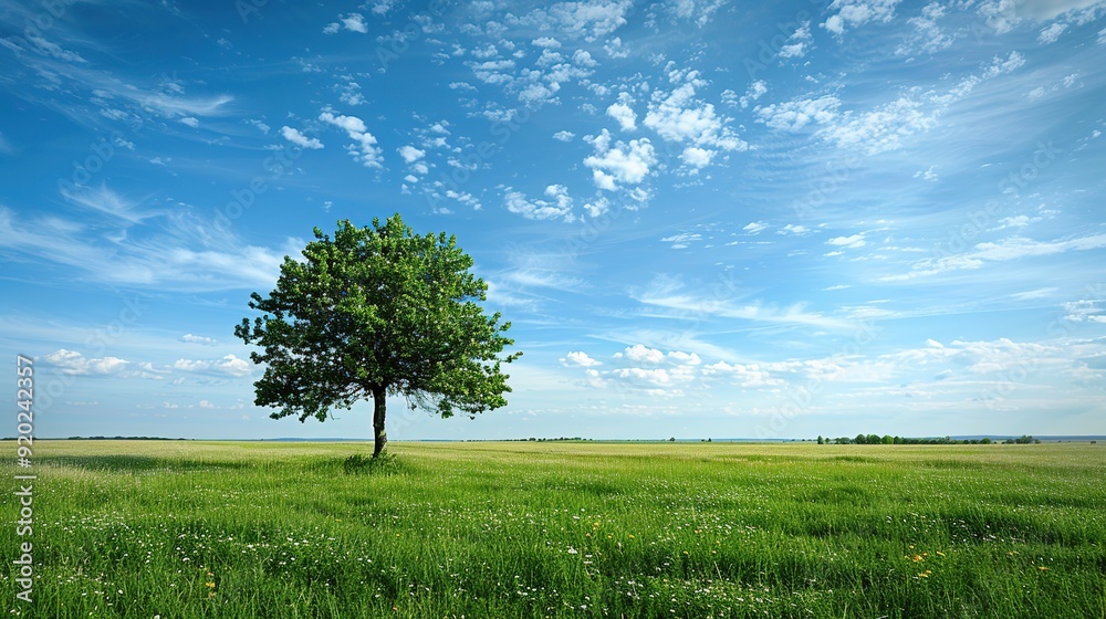 Obraz premium Tree nature grass summer green meadow sky blue field landscape environment. copy space for text.