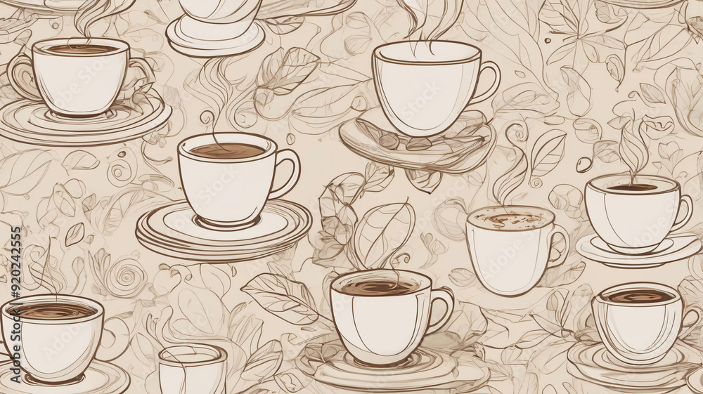 Hand-drawn coffee cups seamless pattern with leaves and steaming hot beverages on a beige background.
Hand-drawn coffee cups seamless pattern with leaves and steaming hot beverages on a beige background.