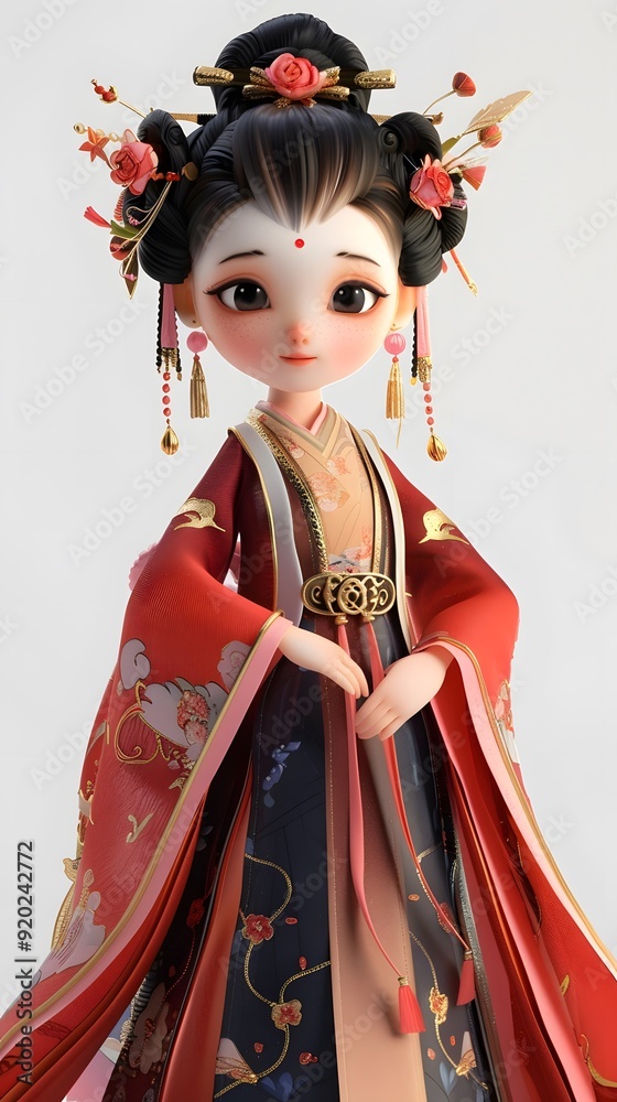 Adorable 3D game character of a beautiful woman in traditional Hanfu, featuring her Asian heritage against a white background. This charming design embodies the spirit of cultural richness, making it 