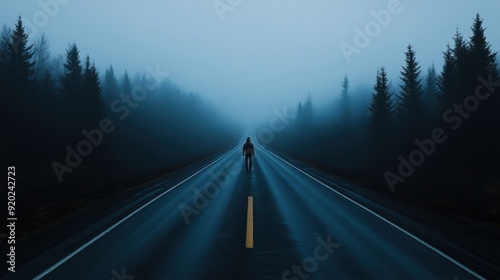 A lonely figure walks along a long road shrouded in darkness, symbolizing the journey through fatigue, sleepiness, and mental fog.