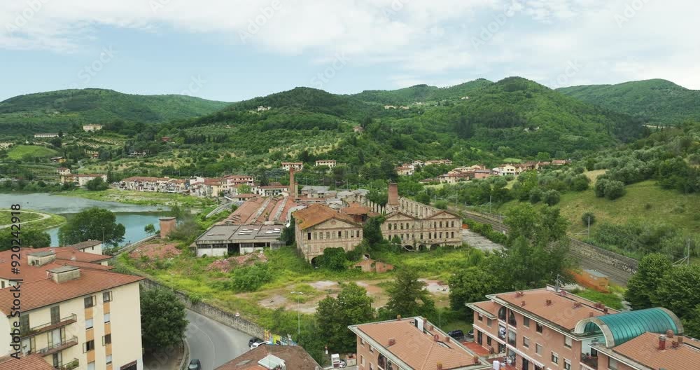 Panorama Of An Old And Rusty Abandoned Industrial Ceramic Plant In Italy. Aerial Pullback Shot Panorama Of An Old And Rusty Abandoned Industrial Ceramic Plant In Italy. Aerial Pullback Shot